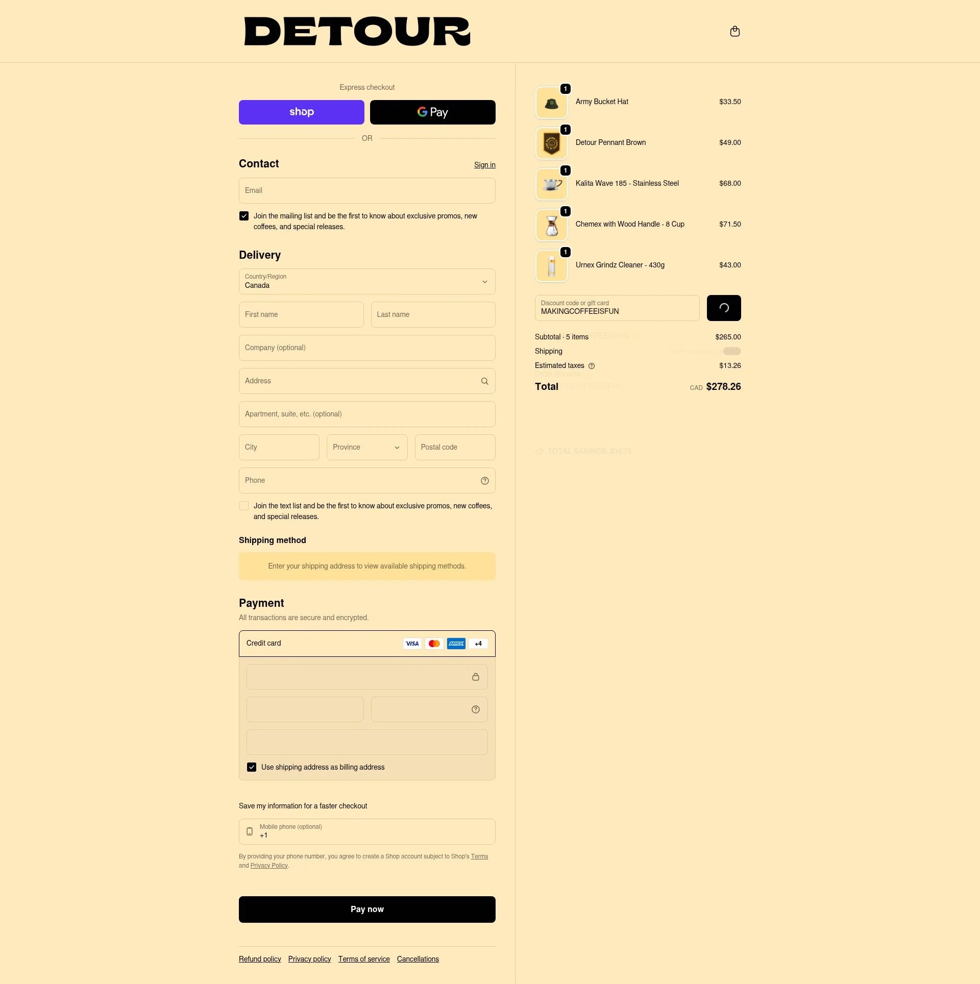 Detour Coffee checkout page showing Detour Coffee discount code box | Screenshot taken by SimplyCodes community member on Feb 5, 2026