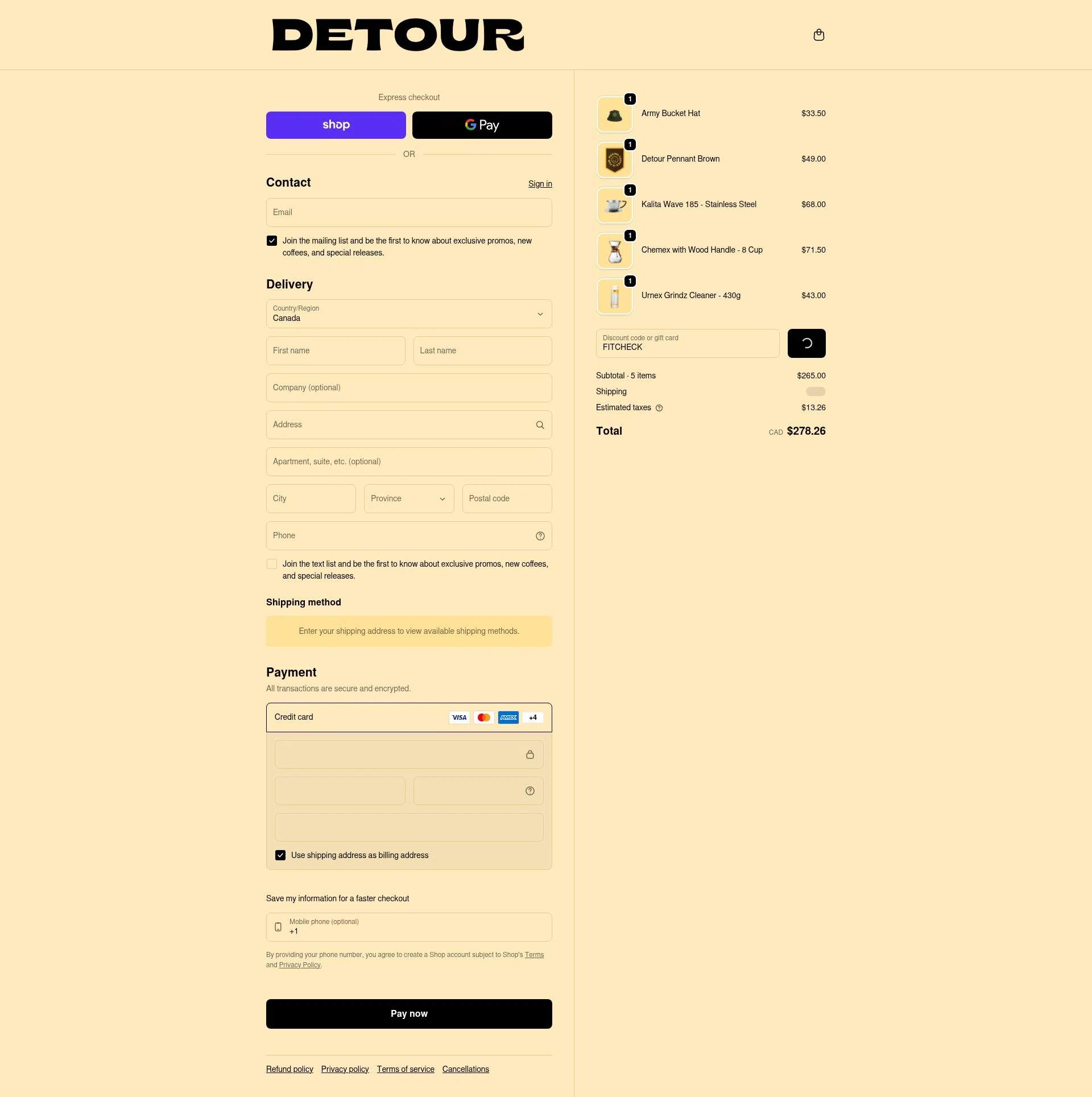 Detour Coffee checkout page showing Detour Coffee discount code box | Screenshot taken by SimplyCodes community member on Feb 5, 2026