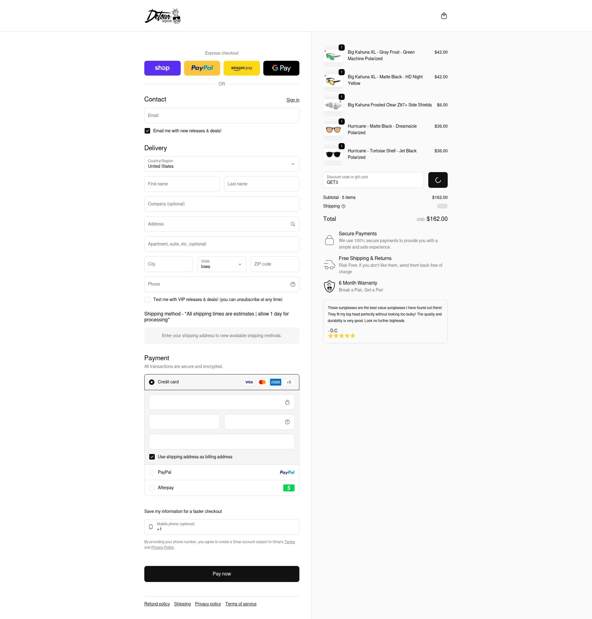 Detour Sunglasses checkout page showing Detour Sunglasses discount code box | Screenshot taken by SimplyCodes community member on Feb 11, 2026