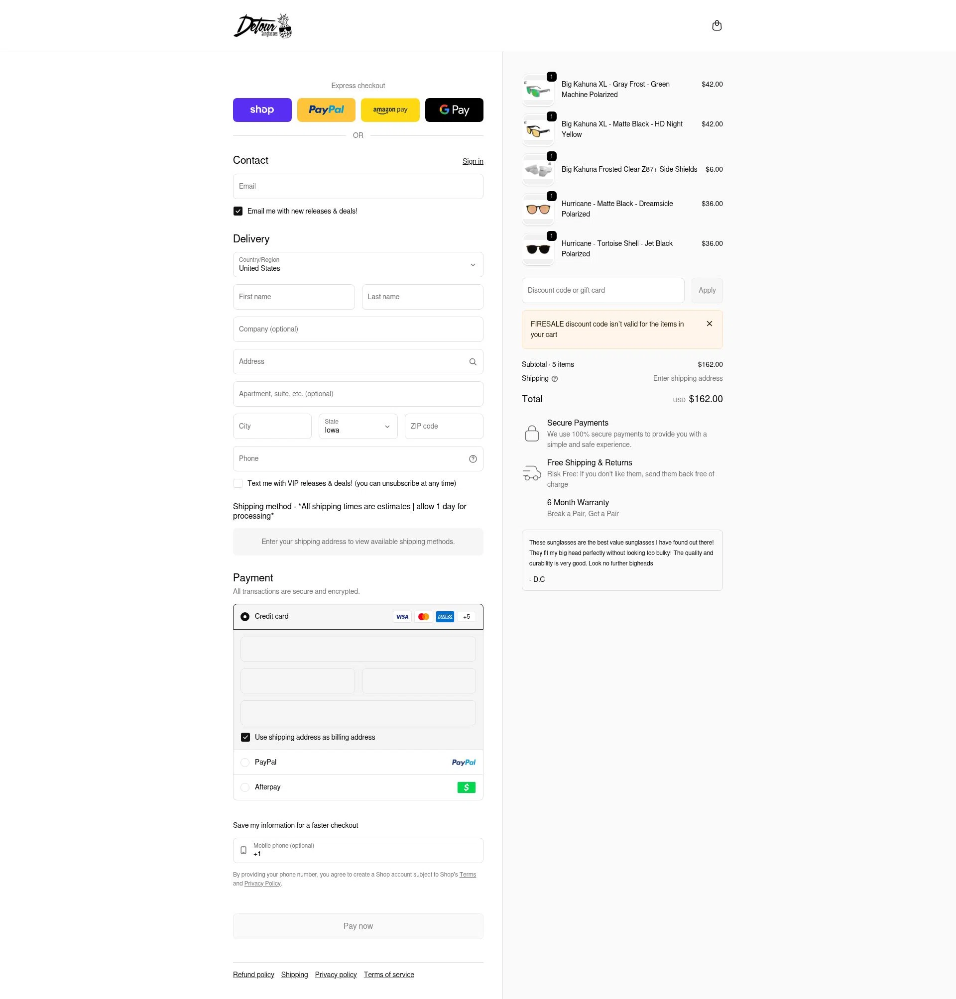 Detour Sunglasses checkout page showing Detour Sunglasses discount code box | Screenshot taken by SimplyCodes community member on Feb 11, 2026