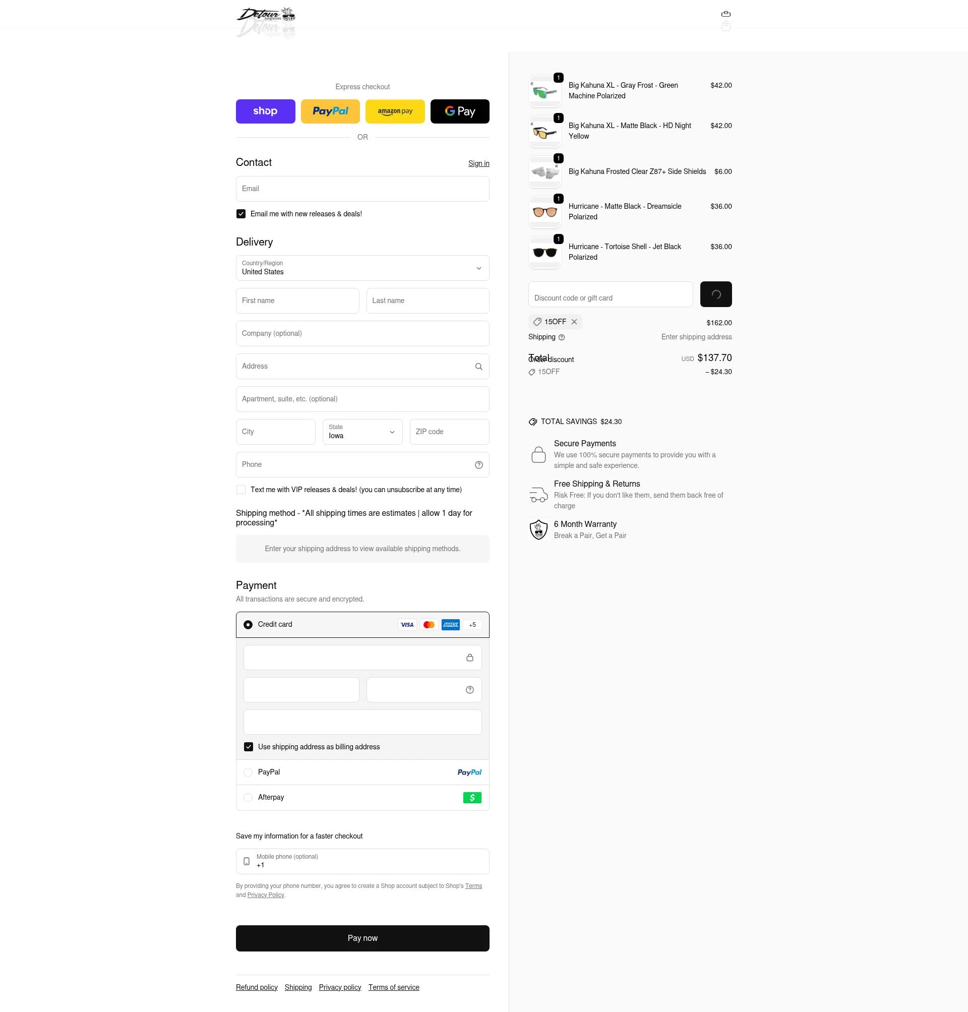 Detour Sunglasses checkout page showing Detour Sunglasses discount code box | Screenshot taken by SimplyCodes community member on Feb 11, 2026