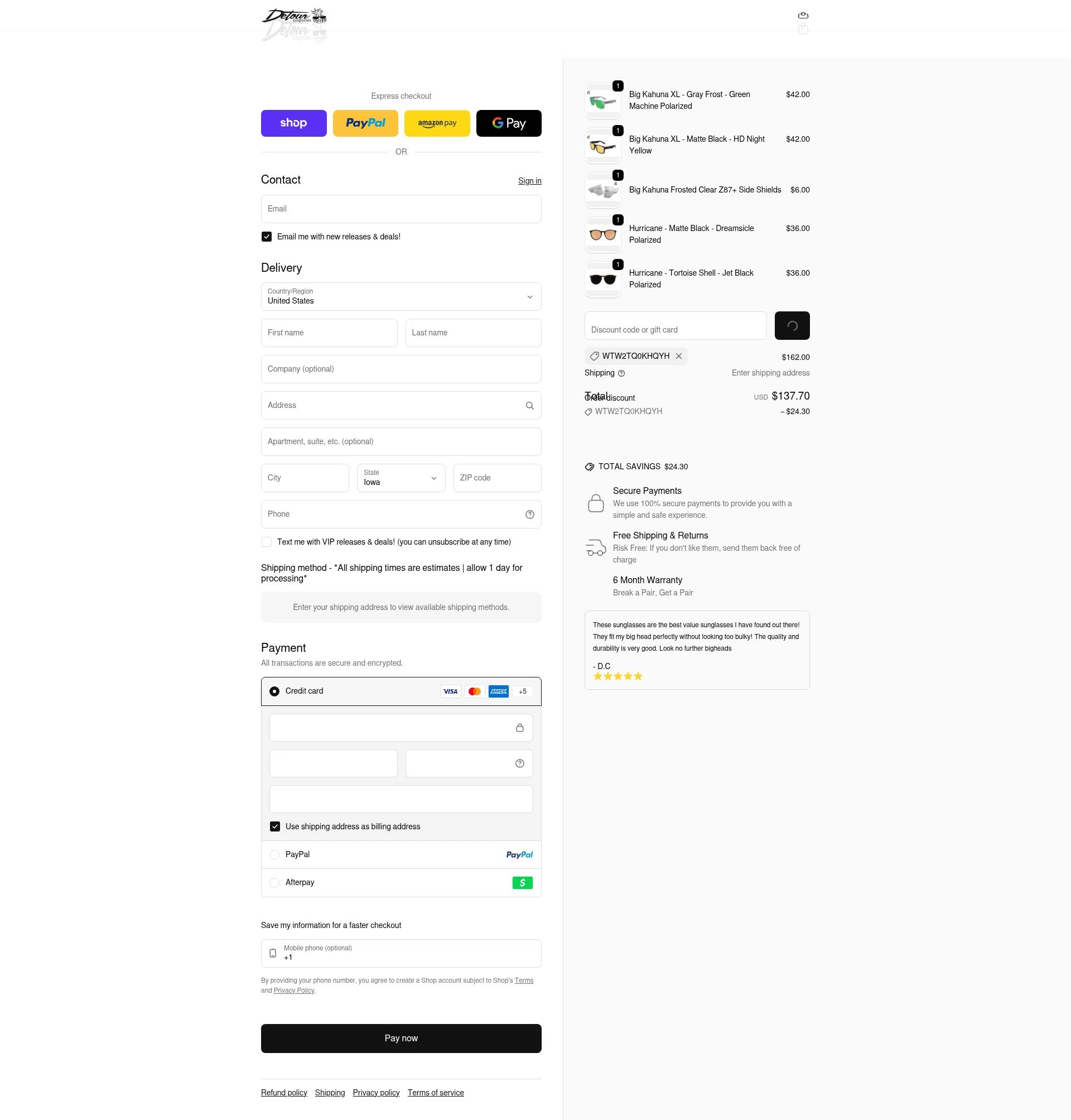 Detour Sunglasses checkout page showing Detour Sunglasses discount code box | Screenshot taken by SimplyCodes community member on Feb 11, 2026