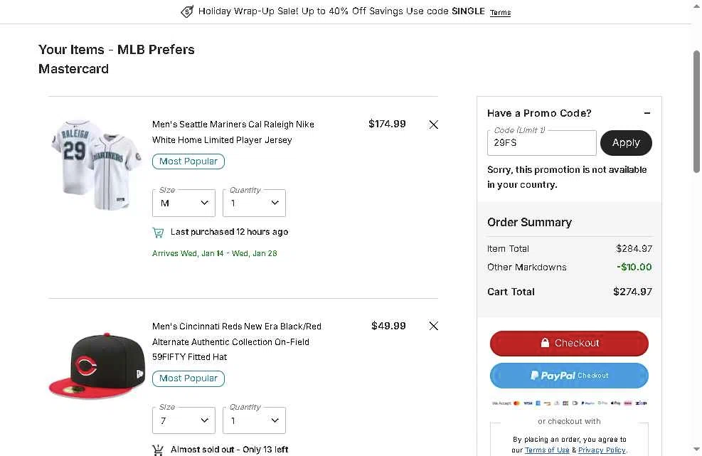 Detroit Tigers checkout page showing Detroit Tigers promo code box | Screenshot taken by SimplyCodes community member on Dec 26, 2025