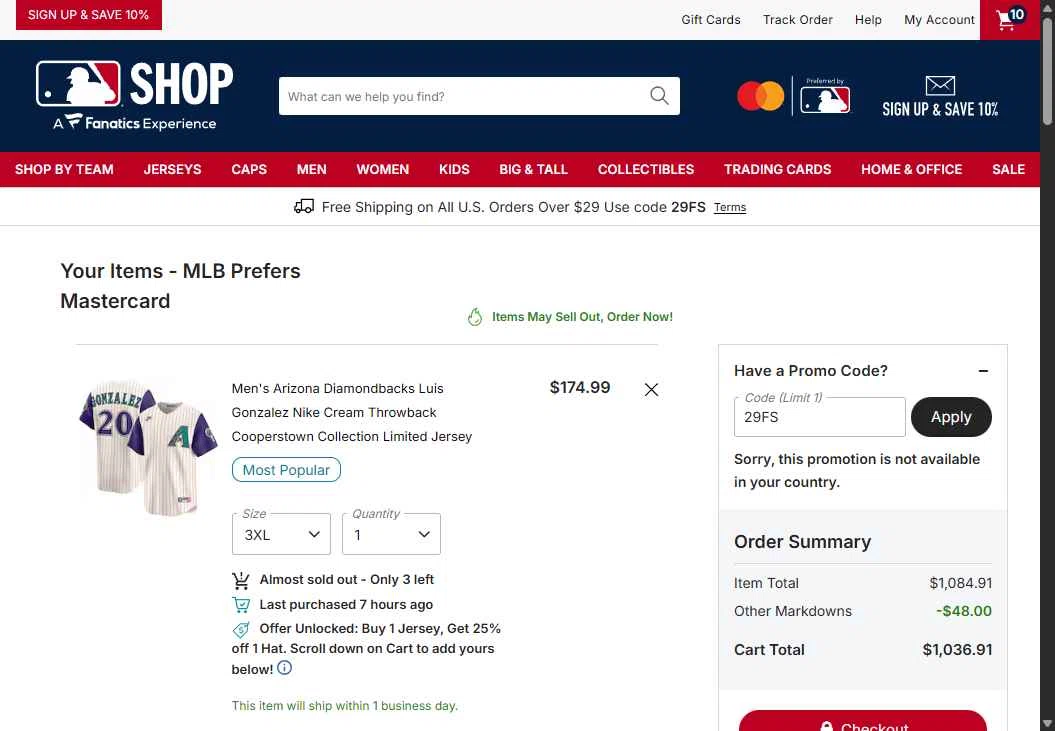Detroit Tigers checkout page showing Detroit Tigers promo code box | Screenshot taken by SimplyCodes community member on Jan 13, 2026