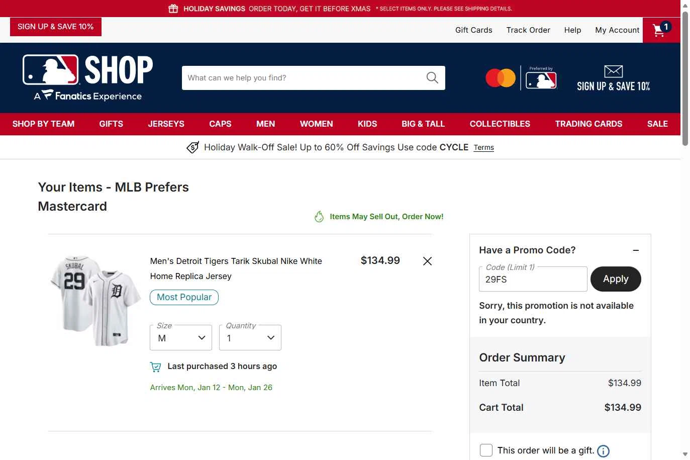 Detroit Tigers checkout page showing Detroit Tigers promo code box | Screenshot taken by SimplyCodes community member on Dec 20, 2025