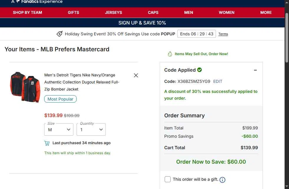 Detroit Tigers checkout page showing Detroit Tigers promo code box | Screenshot taken by SimplyCodes community member on Dec 18, 2025
