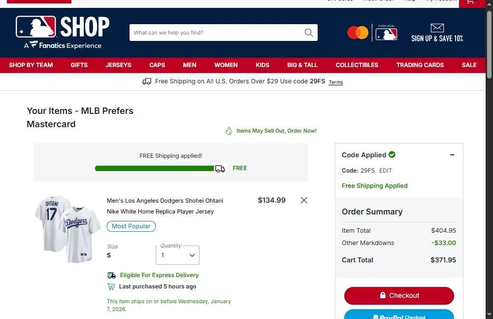 Detroit Tigers checkout page showing Detroit Tigers promo code box | Screenshot taken by SimplyCodes community member on Jan 7, 2026
