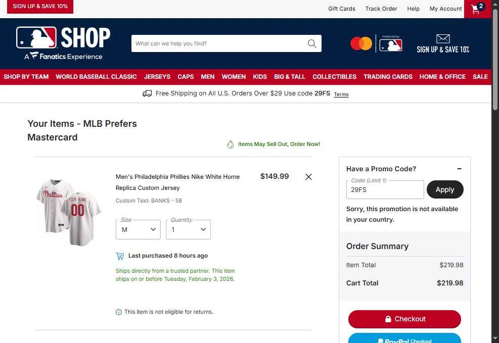 Detroit Tigers checkout page showing Detroit Tigers promo code box | Screenshot taken by SimplyCodes community member on Jan 19, 2026