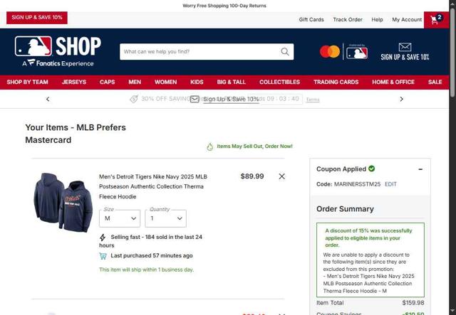 Detroit Tigers checkout page showing Detroit Tigers promo code box | Screenshot taken by SimplyCodes community member on Oct 3, 2025