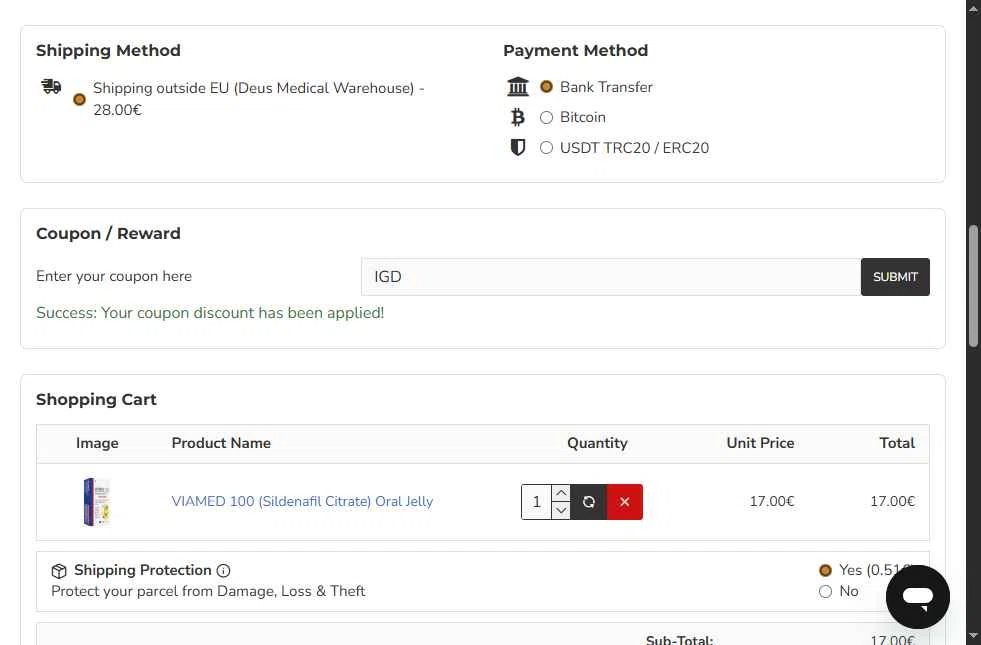DeusChem checkout page showing DeusChem promo code box | Screenshot taken by SimplyCodes community member on Jan 12, 2026