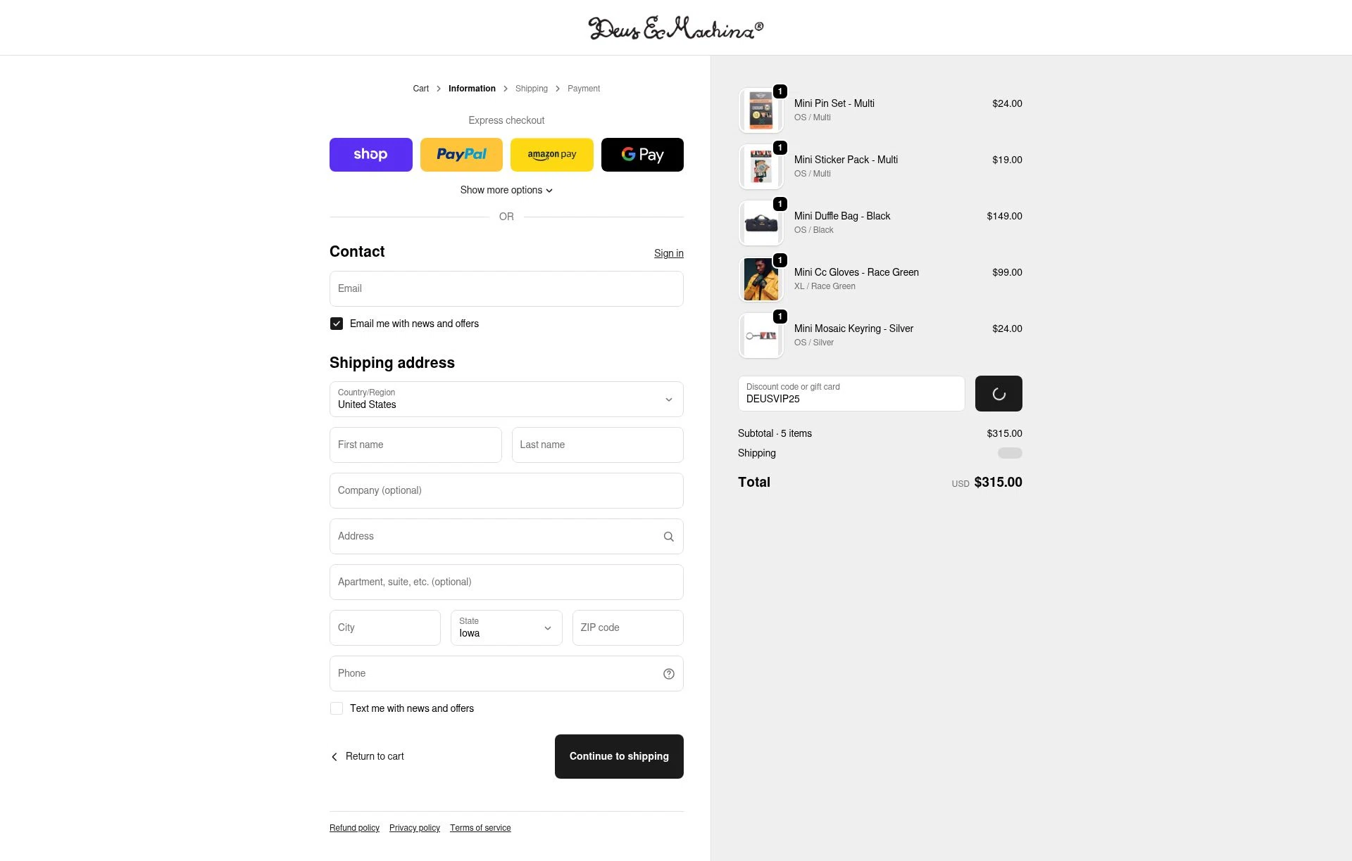 Deus Ex Machina checkout page showing Deus Ex Machina discount code box | Screenshot taken by SimplyCodes community member on Dec 27, 2025