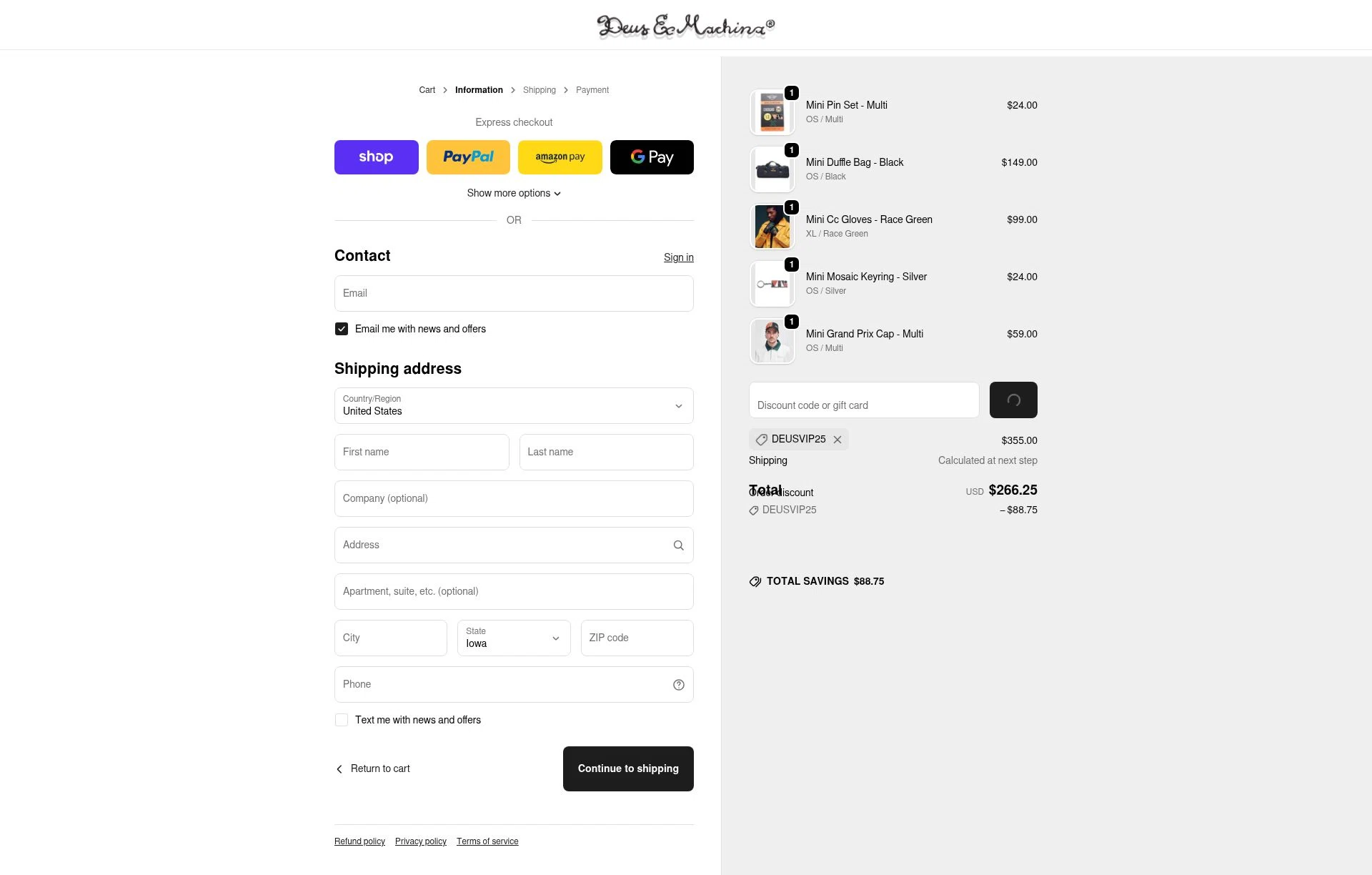 Deus Ex Machina checkout page showing Deus Ex Machina discount code box | Screenshot taken by SimplyCodes community member on Jan 1, 2026