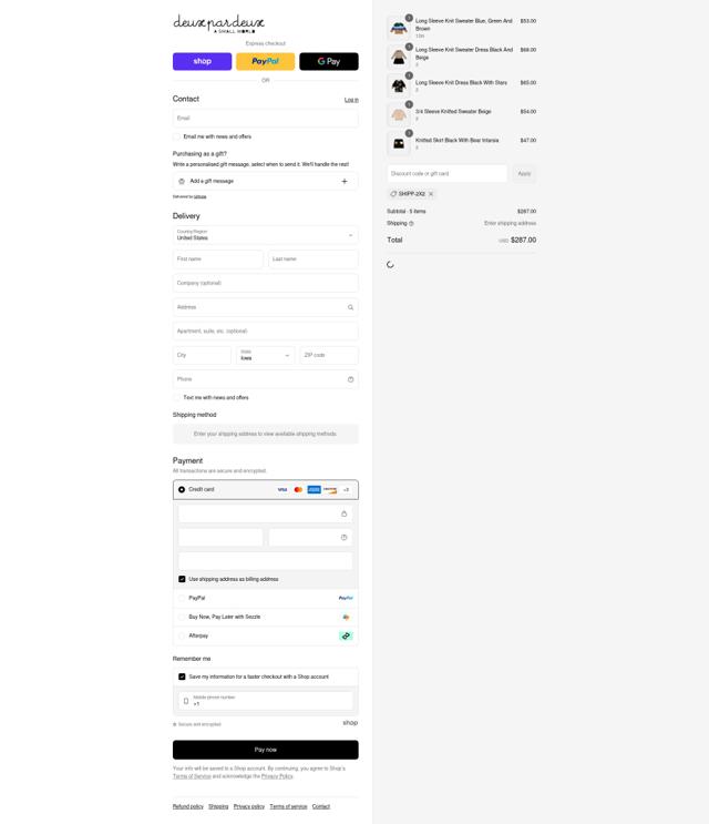 Deux Par Deux checkout page showing Deux Par Deux promo code box | Screenshot taken by SimplyCodes community member on Sep 3, 2025