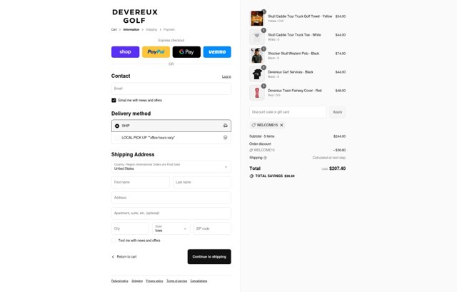 Devereux Golf checkout page showing Devereux Golf discount code box | Screenshot taken by SimplyCodes community member on Sep 9, 2025