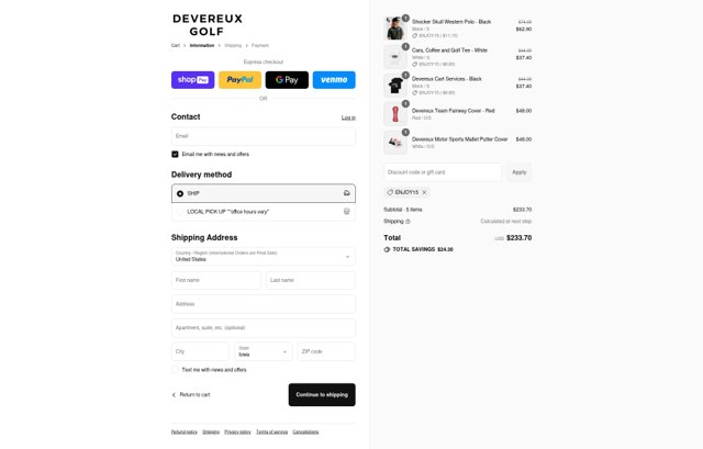 Devereux Golf checkout page showing Devereux Golf discount code box | Screenshot taken by SimplyCodes community member on Aug 27, 2025
