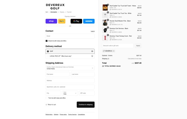 Devereux Golf checkout page showing Devereux Golf discount code box | Screenshot taken by SimplyCodes community member on Sep 9, 2025