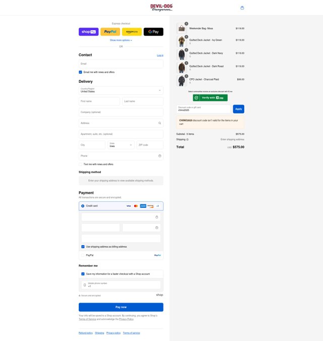Devil-Dog checkout page showing Devil-Dog promo code box | Screenshot taken by SimplyCodes community member on Aug 26, 2025