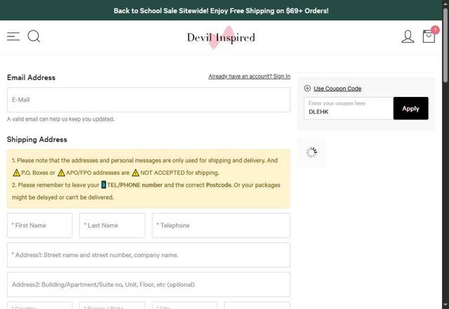 Devilinspired checkout page showing Devilinspired coupon code box | Screenshot taken by SimplyCodes community member on Aug 29, 2025
