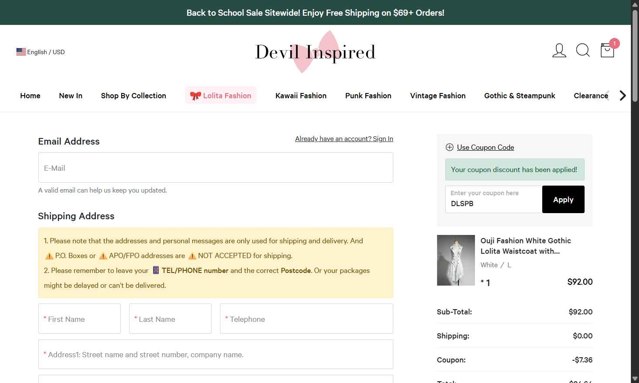 Devilinspired checkout page showing Devilinspired coupon code box | Screenshot taken by SimplyCodes community member on Aug 29, 2025