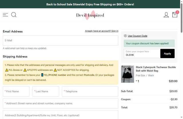 Devilinspired checkout page showing Devilinspired coupon code box | Screenshot taken by SimplyCodes community member on Aug 7, 2025