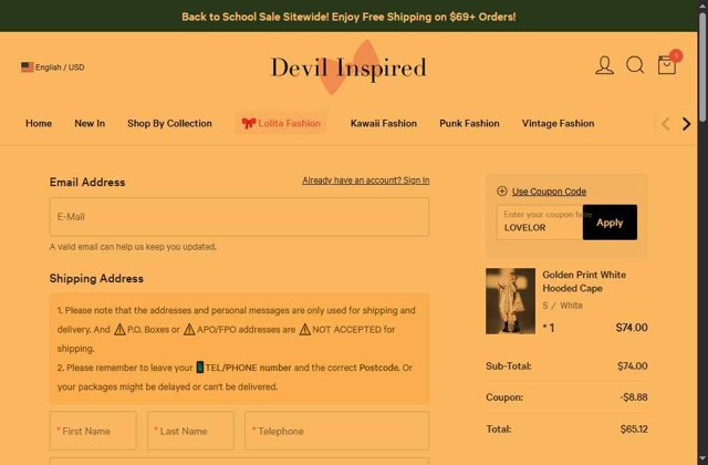 Devilinspired checkout page showing Devilinspired coupon code box | Screenshot taken by SimplyCodes community member on Aug 18, 2025