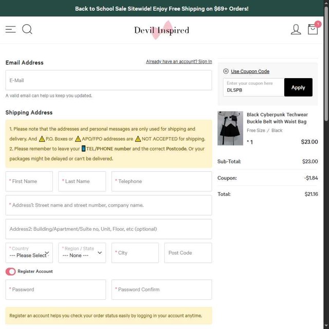 Devilinspired checkout page showing Devilinspired coupon code box | Screenshot taken by SimplyCodes community member on Aug 7, 2025
