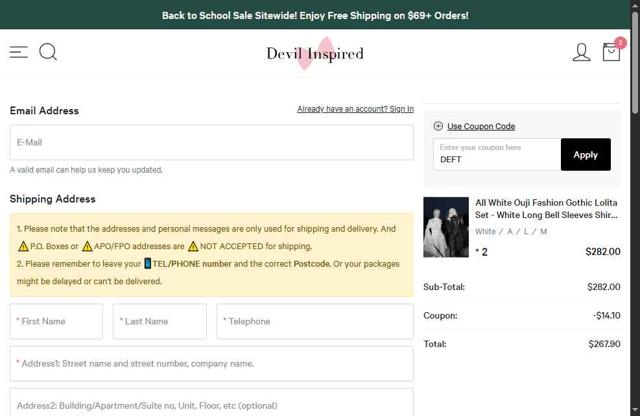 Devilinspired checkout page showing Devilinspired coupon code box | Screenshot taken by SimplyCodes community member on Aug 27, 2025