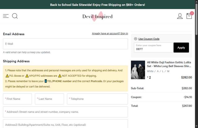Devilinspired checkout page showing Devilinspired coupon code box | Screenshot taken by SimplyCodes community member on Aug 27, 2025