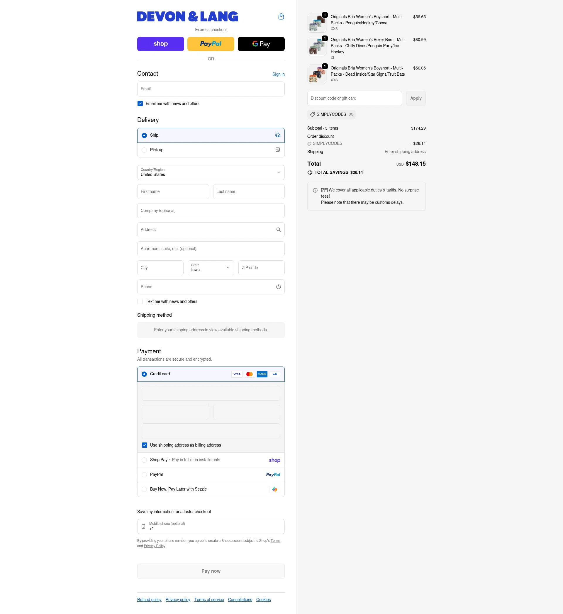 Devon + Lang checkout page showing Devon + Lang promo code box | Screenshot taken by SimplyCodes community member on Feb 18, 2026