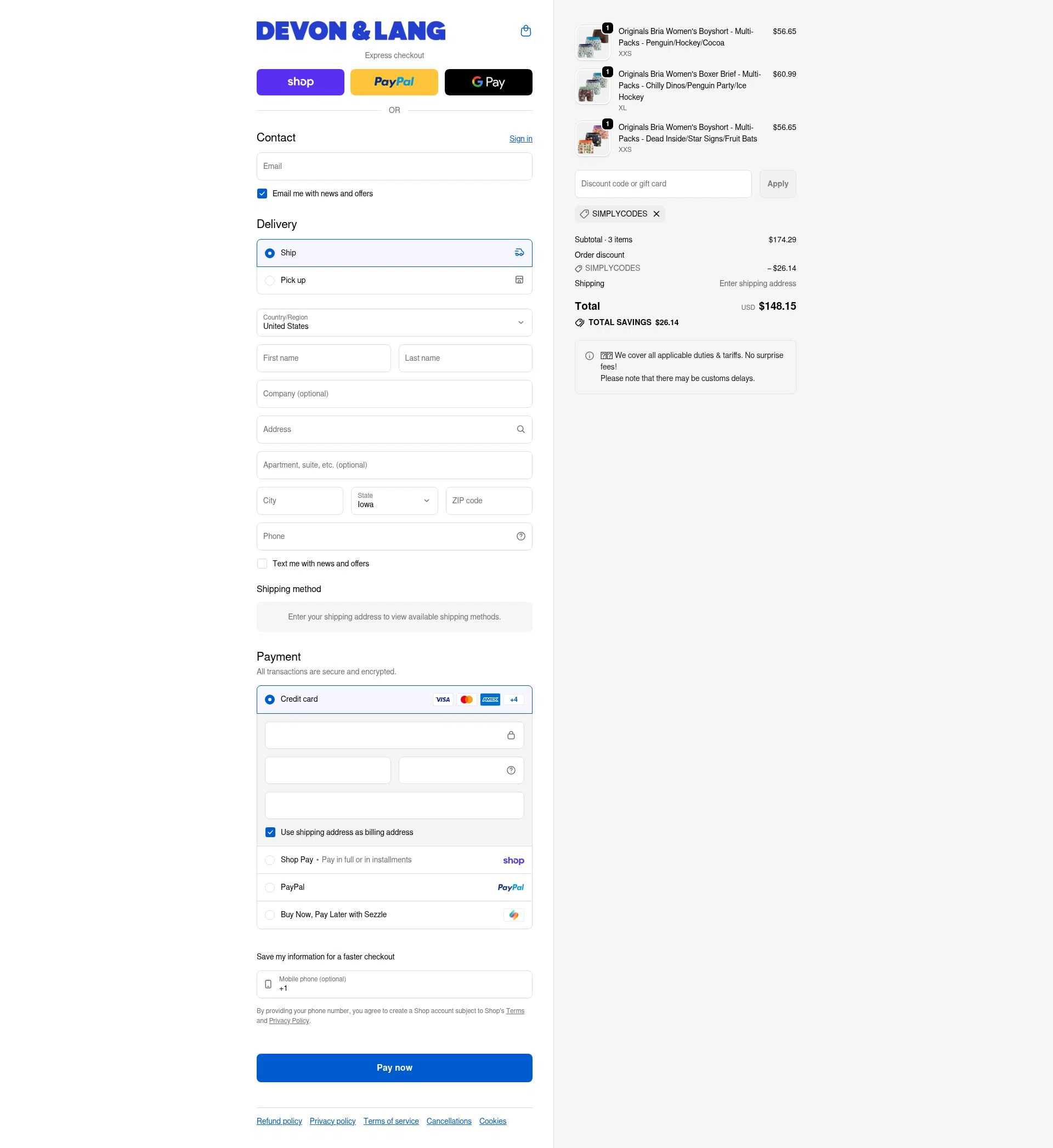 Devon + Lang checkout page showing Devon + Lang promo code box | Screenshot taken by SimplyCodes community member on Feb 5, 2026