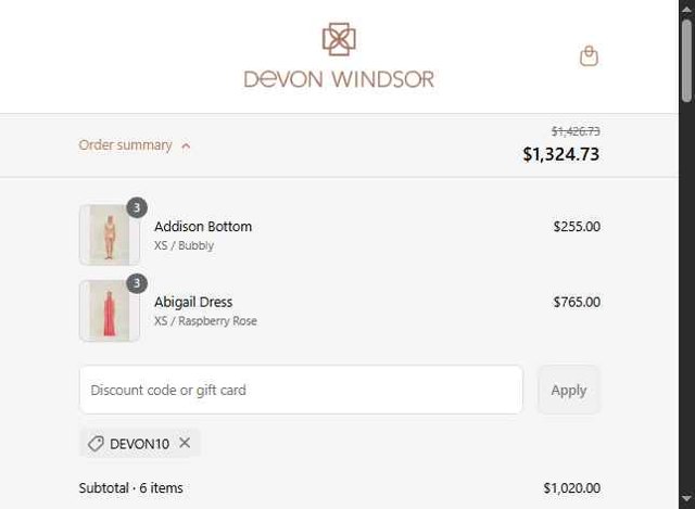 Devon Windsor checkout page showing Devon Windsor discount code box | Screenshot taken by SimplyCodes community member on Aug 1, 2025