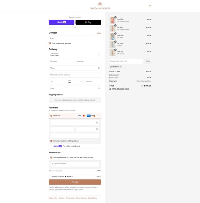Devon Windsor checkout page showing Devon Windsor discount code box | Screenshot taken by SimplyCodes community member on Jul 31, 2025