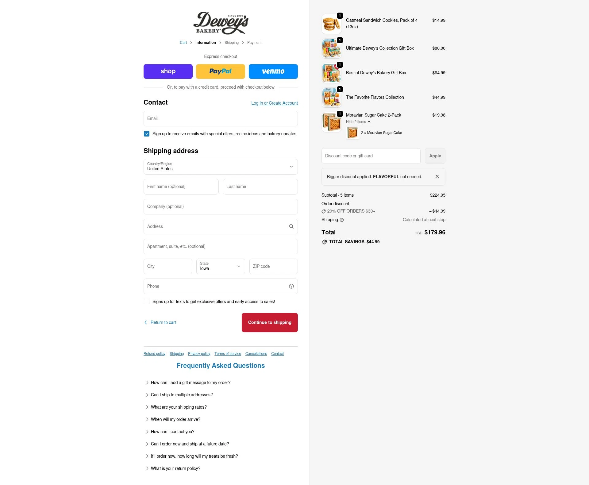 Dewey's Bakery checkout page showing Dewey's Bakery discount code box | Screenshot taken by SimplyCodes community member on Feb 1, 2026