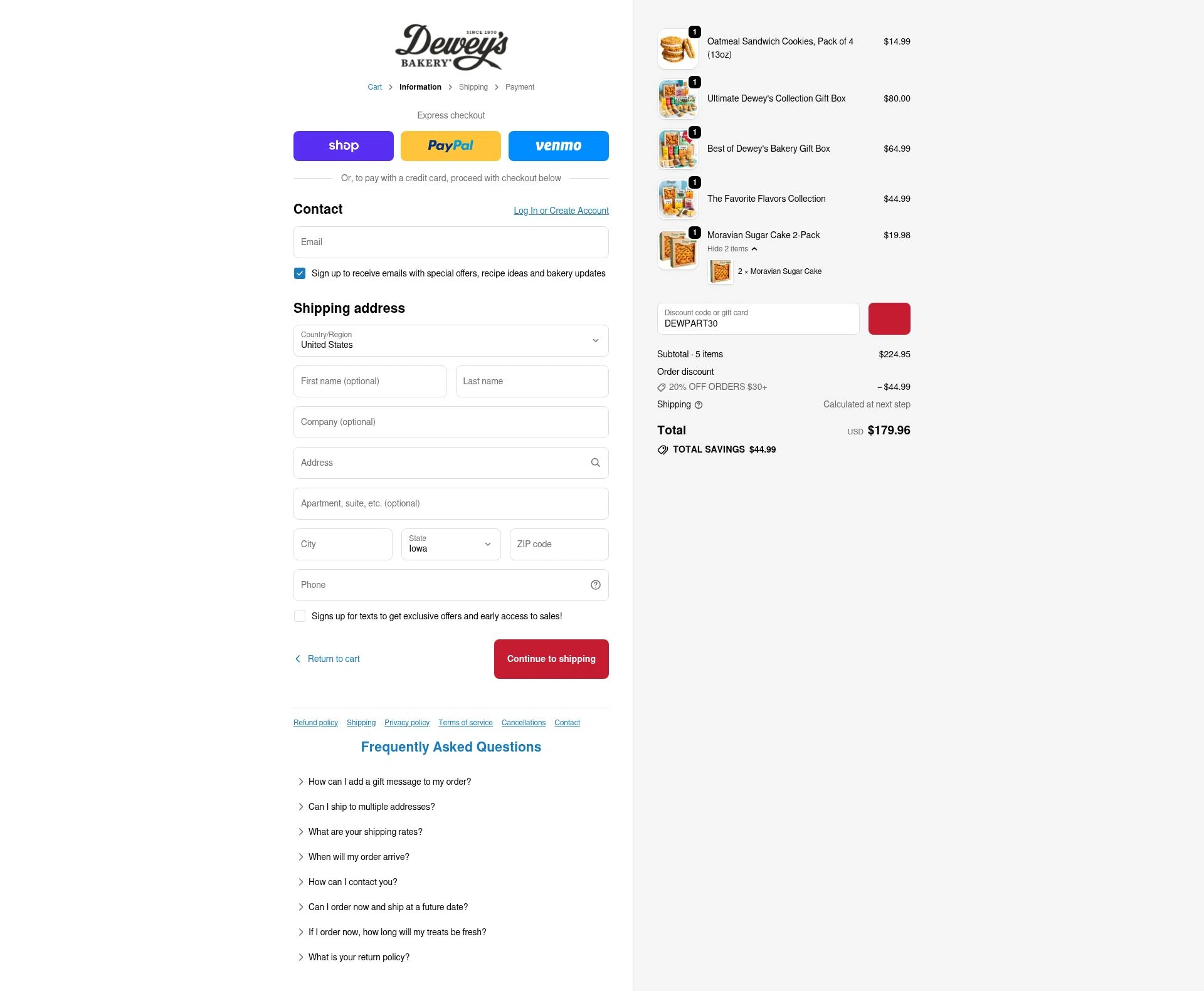 Dewey's Bakery checkout page showing Dewey's Bakery discount code box | Screenshot taken by SimplyCodes community member on Feb 5, 2026