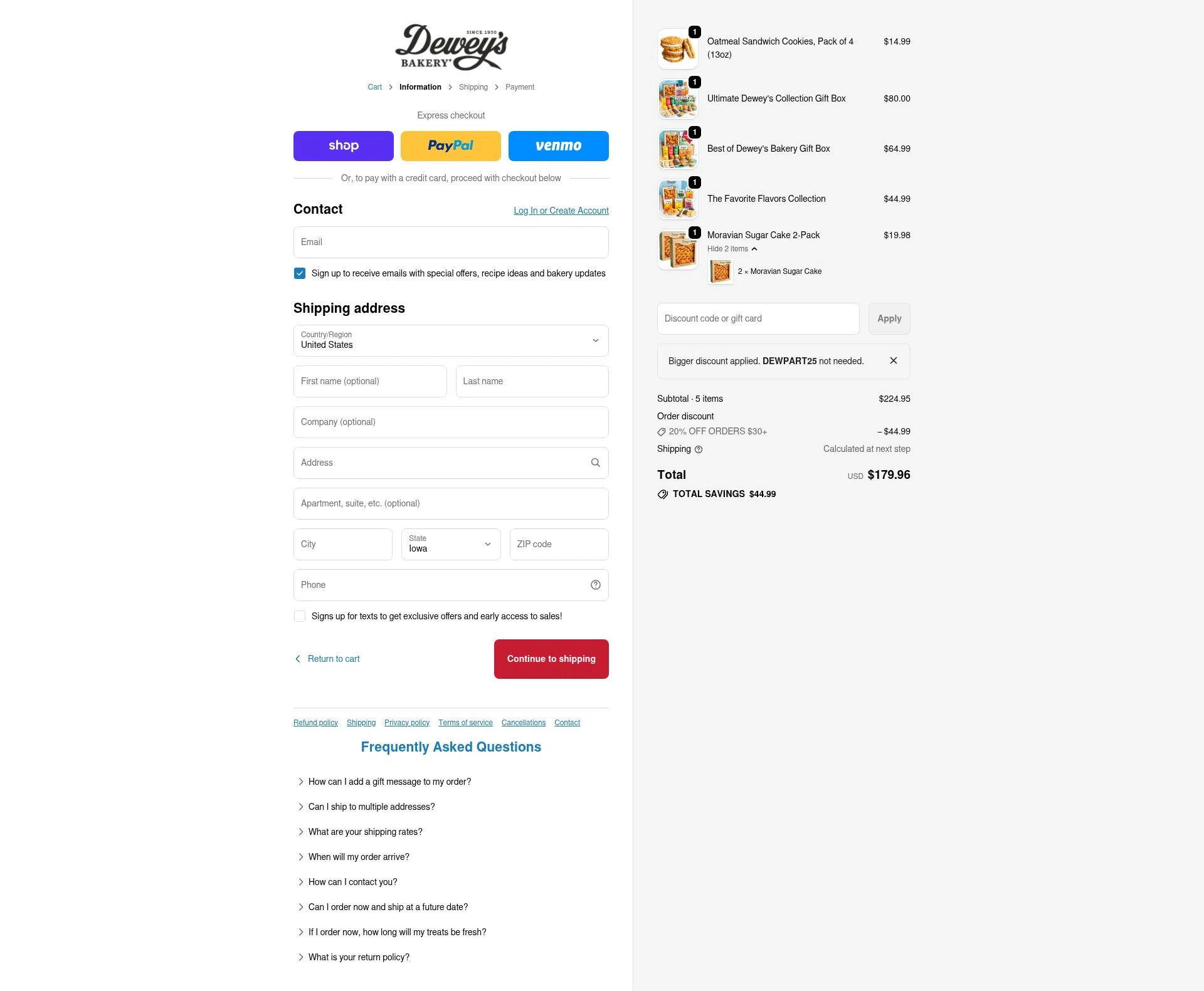 Dewey's Bakery checkout page showing Dewey's Bakery discount code box | Screenshot taken by SimplyCodes community member on Feb 5, 2026
