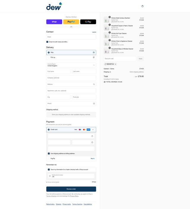 Dew Products checkout page showing Dew Products promo code box | Screenshot taken by SimplyCodes community member on Sep 8, 2025