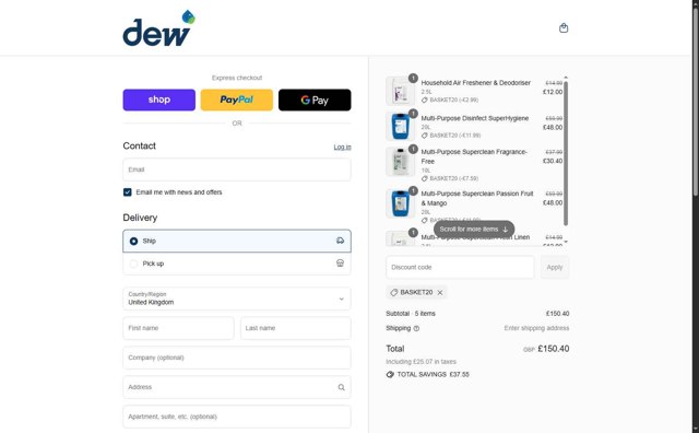 Dew Products checkout page showing Dew Products promo code box | Screenshot taken by SimplyCodes community member on Sep 1, 2025