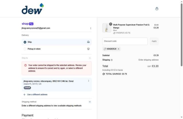 Dew Products checkout page showing Dew Products promo code box | Screenshot taken by SimplyCodes community member on Jul 17, 2025
