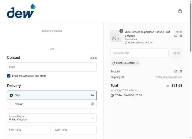 Dew Products checkout page showing Dew Products promo code box | Screenshot taken by SimplyCodes community member on Sep 1, 2025