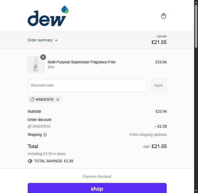 Dew Products checkout page showing Dew Products promo code box | Screenshot taken by SimplyCodes community member on Sep 1, 2025
