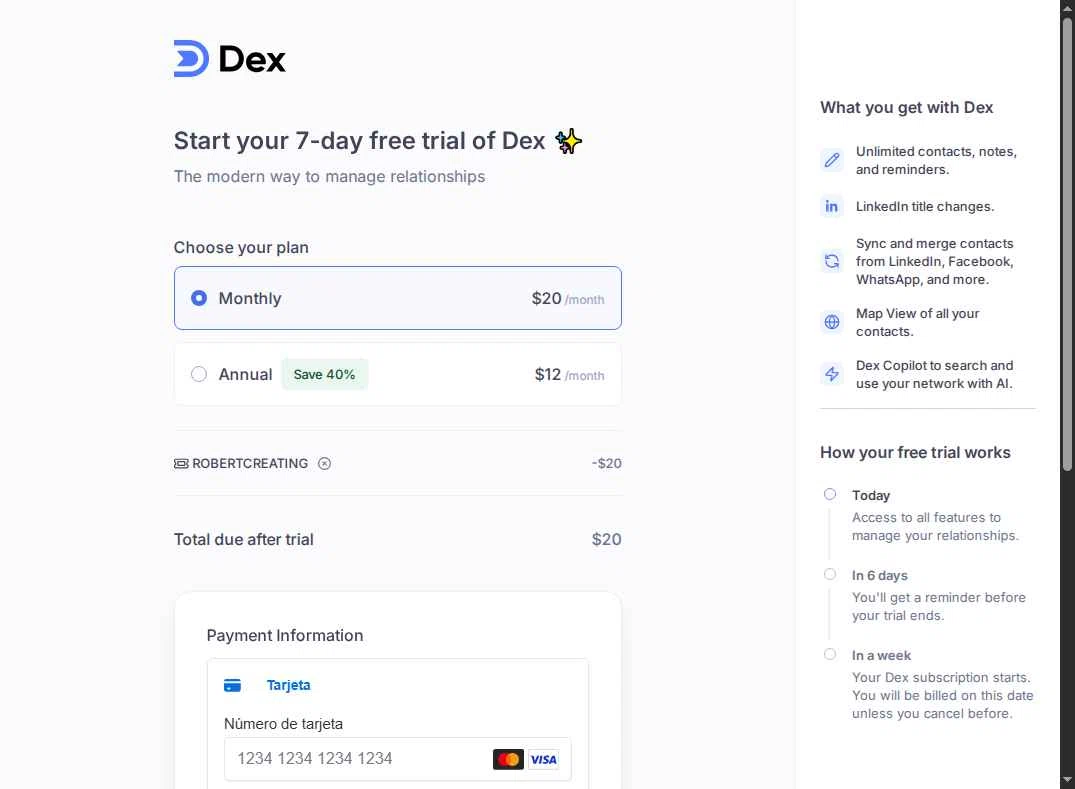 Dex PRM checkout page showing Dex PRM promo code box | Screenshot taken by SimplyCodes community member on Jul 19, 2025
