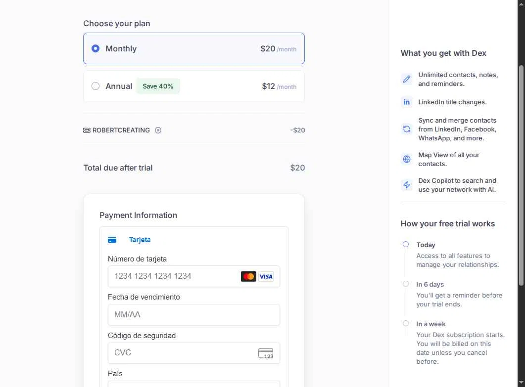 Dex PRM checkout page showing Dex PRM promo code box | Screenshot taken by SimplyCodes community member on Jul 19, 2025
