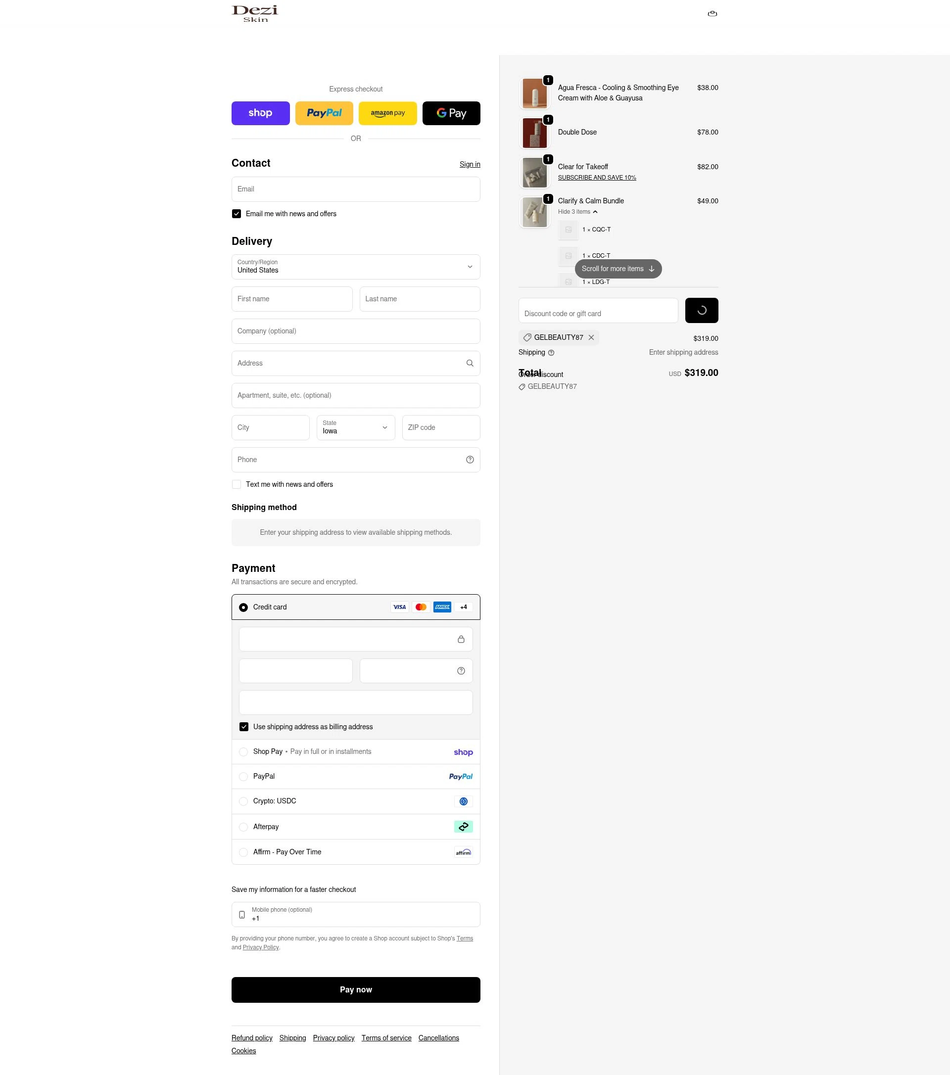 DEZI SKIN checkout page showing DEZI SKIN promo code box | Screenshot taken by SimplyCodes community member on Feb 18, 2026
