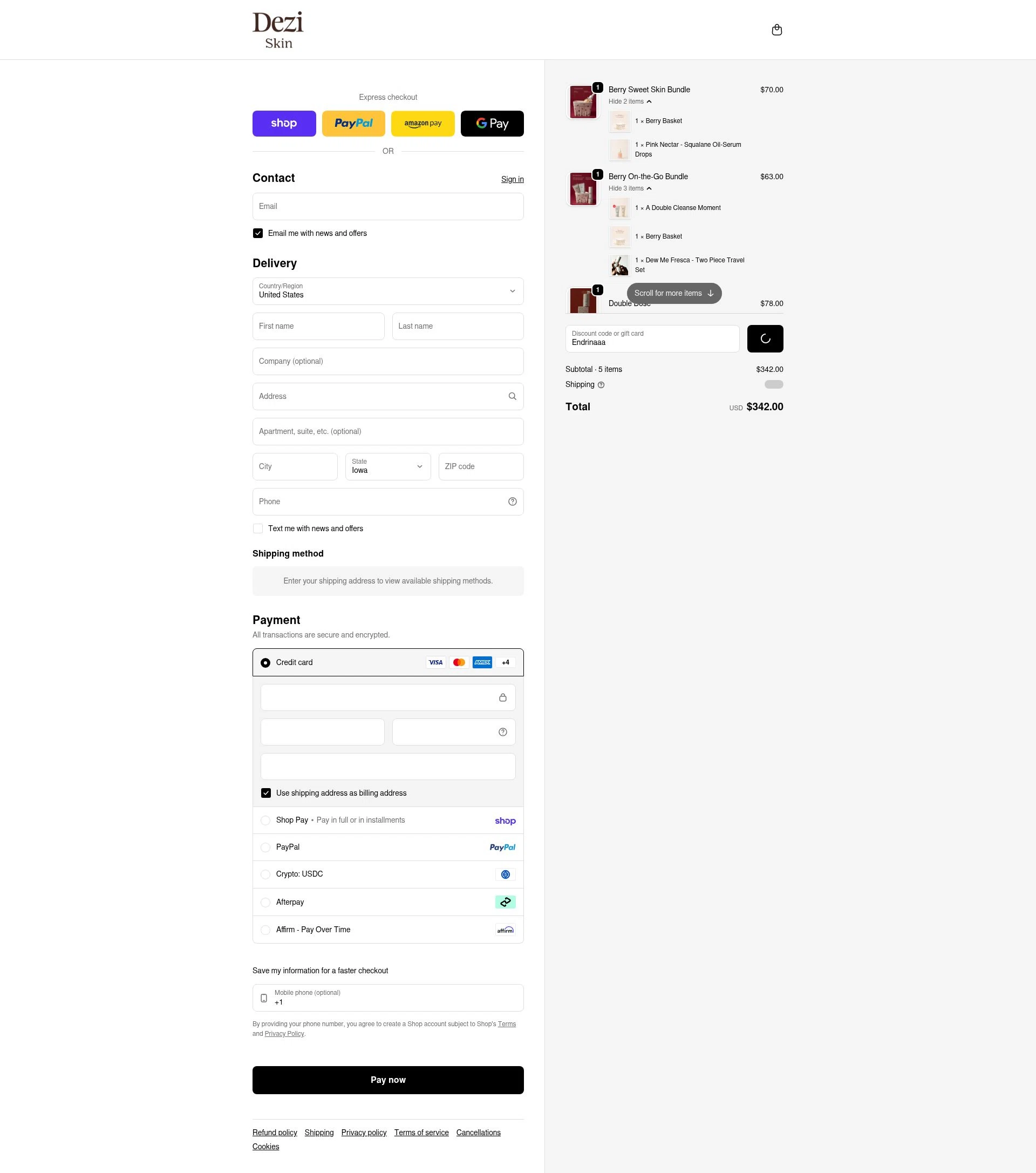 DEZI SKIN checkout page showing DEZI SKIN promo code box | Screenshot taken by SimplyCodes community member on Feb 14, 2026