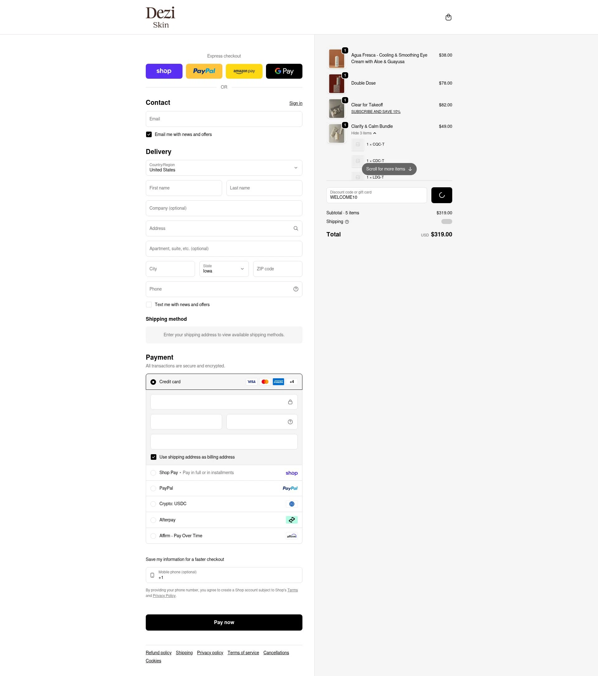 DEZI SKIN checkout page showing DEZI SKIN promo code box | Screenshot taken by SimplyCodes community member on Feb 18, 2026
