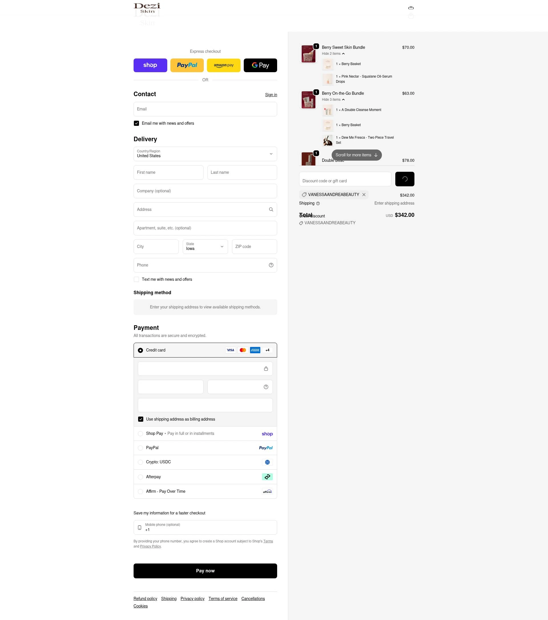 DEZI SKIN checkout page showing DEZI SKIN promo code box | Screenshot taken by SimplyCodes community member on Feb 14, 2026