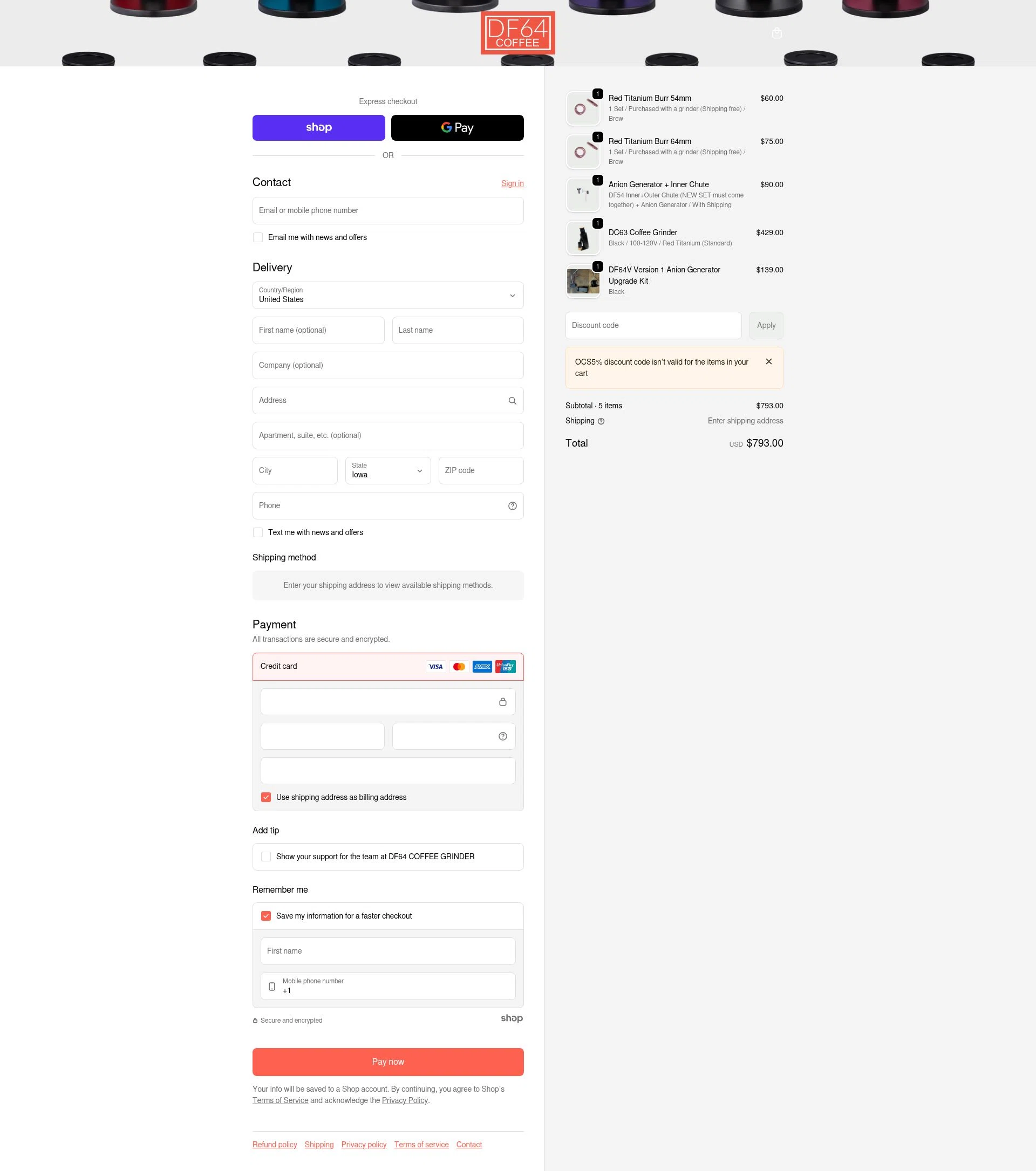 DF64 COFFEE GRINDER checkout page showing DF64 COFFEE GRINDER promo code box | Screenshot taken by SimplyCodes community member on Jan 27, 2026