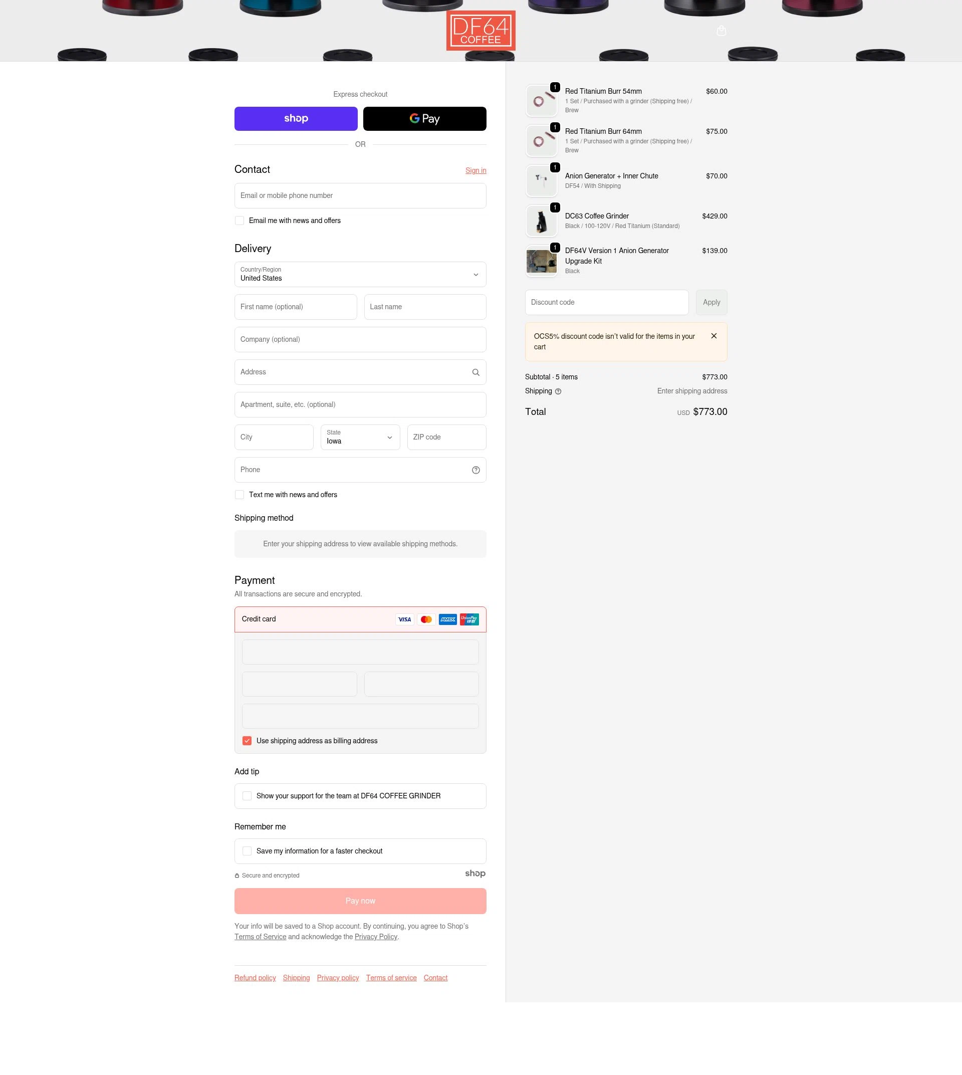 DF64 COFFEE GRINDER checkout page showing DF64 COFFEE GRINDER promo code box | Screenshot taken by SimplyCodes community member on Jan 2, 2026
