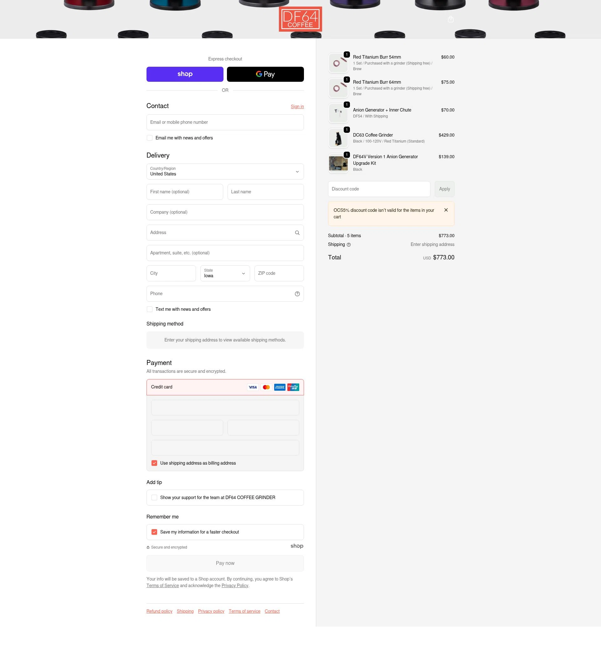 DF64 COFFEE GRINDER checkout page showing DF64 COFFEE GRINDER promo code box | Screenshot taken by SimplyCodes community member on Dec 28, 2025