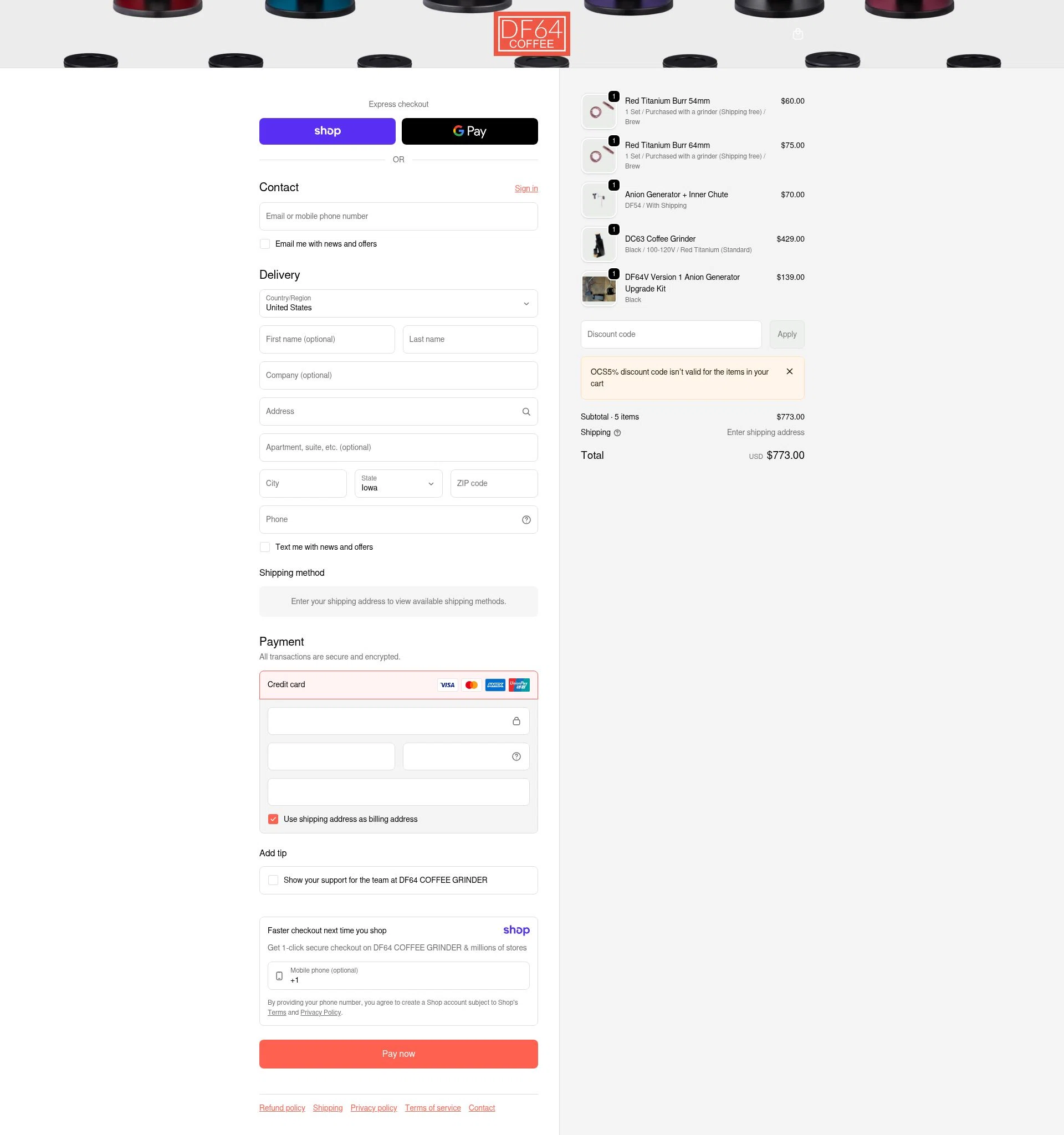 DF64 COFFEE GRINDER checkout page showing DF64 COFFEE GRINDER promo code box | Screenshot taken by SimplyCodes community member on Jan 17, 2026